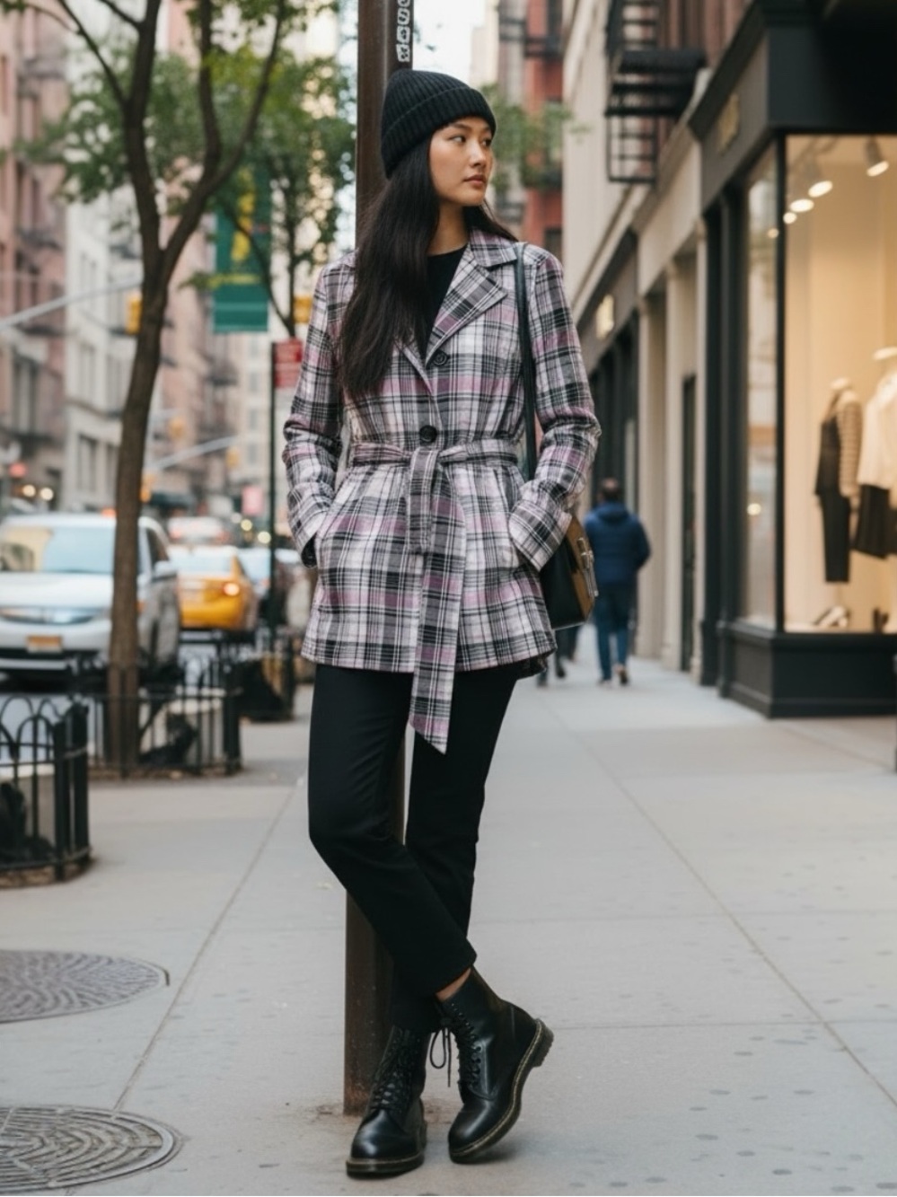 VINTAGE JOU JOU BUTTON UP PINK BLACK AND WHITE PLAID BELTED LINED JACKET SZ SM
